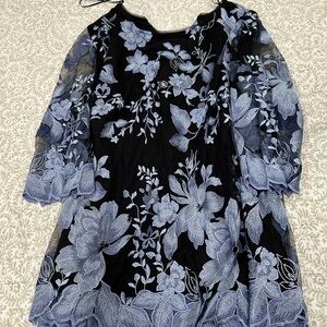 Alex Evenings Black Dress with Light Blue Floral Embroidery